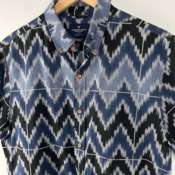 AEO Classic Fit Blue Pattern S/S Cotton Button Down M - Picture 2 of 7